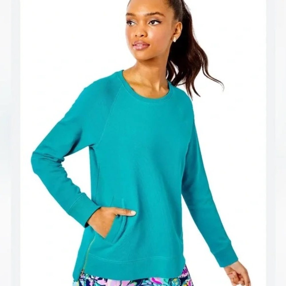Lilly Pulitzer Luxletic Beach Comber Pullover Size Medium in Teal Gold Side Zip
